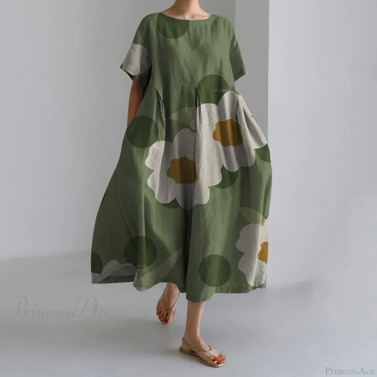 Exquisite 3D Floral Print Short Sleeve Midi Evening Dress green2 / S oldfloraldress-250126