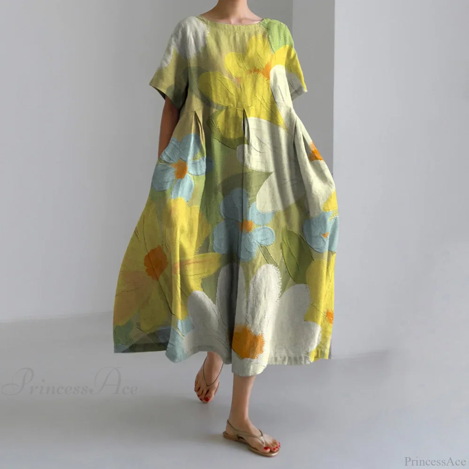 Exquisite 3D Floral Print Short Sleeve Midi Evening Dress yellow1 / S oldfloraldress-250126