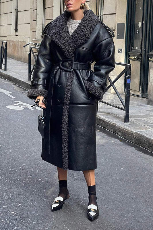 Black Faux Shearling Belted Casual Cool Overcoat