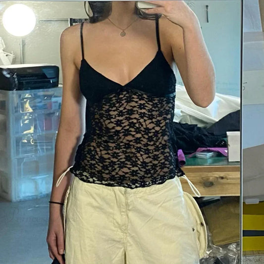 Fairy Floral Lace Mesh V Neck Crop Top BLACK / S croptop-250126