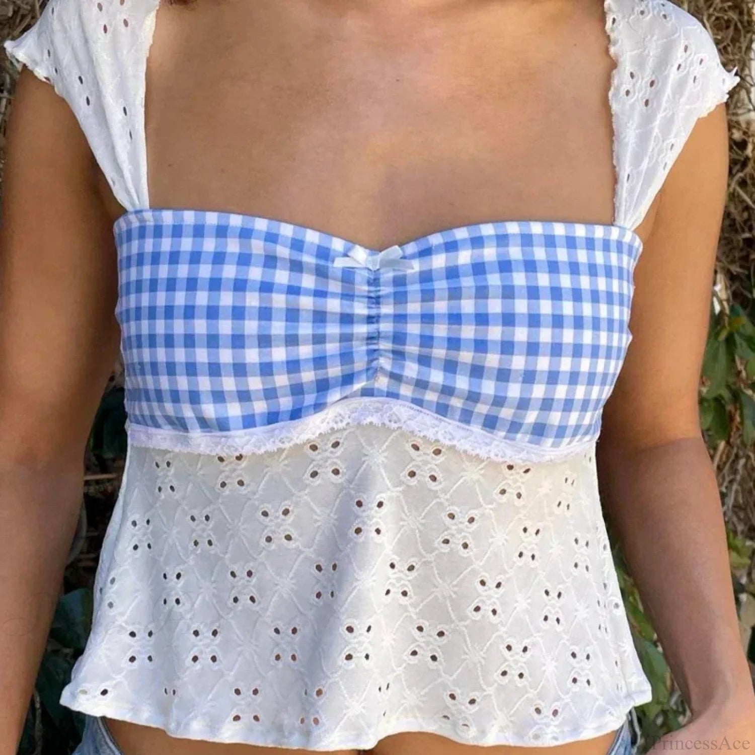 Fairycore Jacquard Eyelet Plaid Patchwork Milkmaid Tie-Up Backless Crop Top croptop-250126