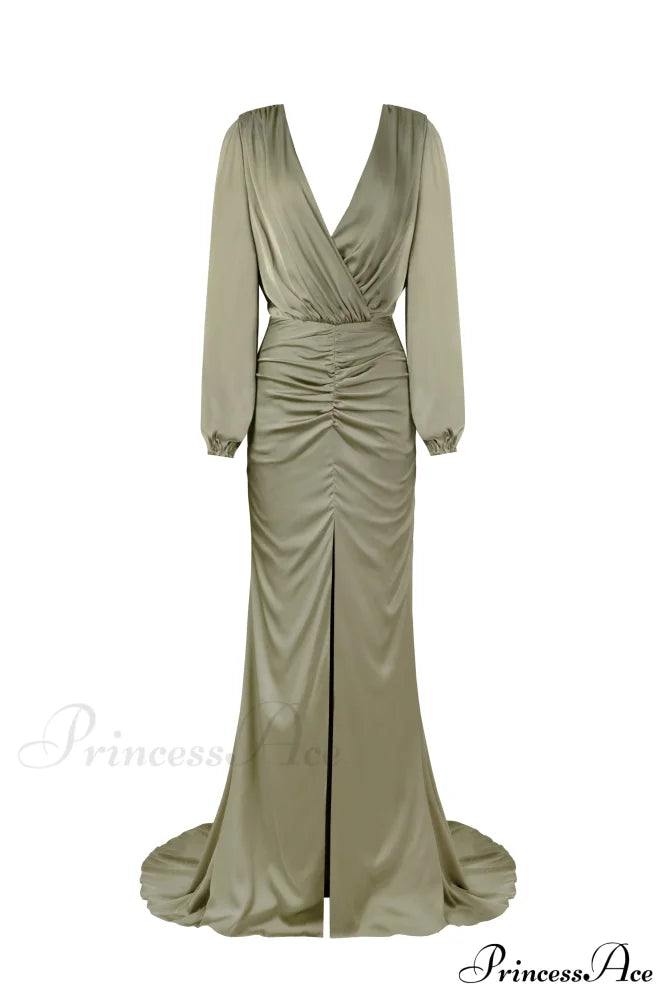 Fancy Olive Silk Charming Maxi Evening Dress Xxs /