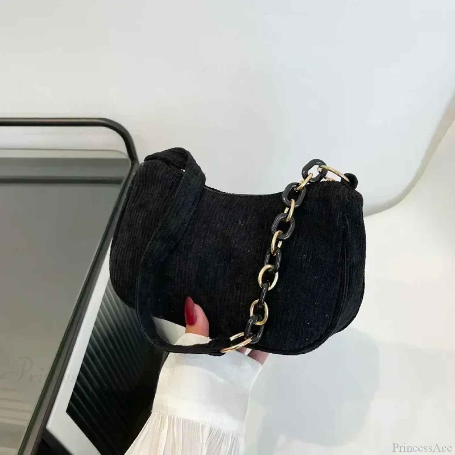 Fashion Corduroy Zipper Underarm Shoulder Bag Black shoulder-250126