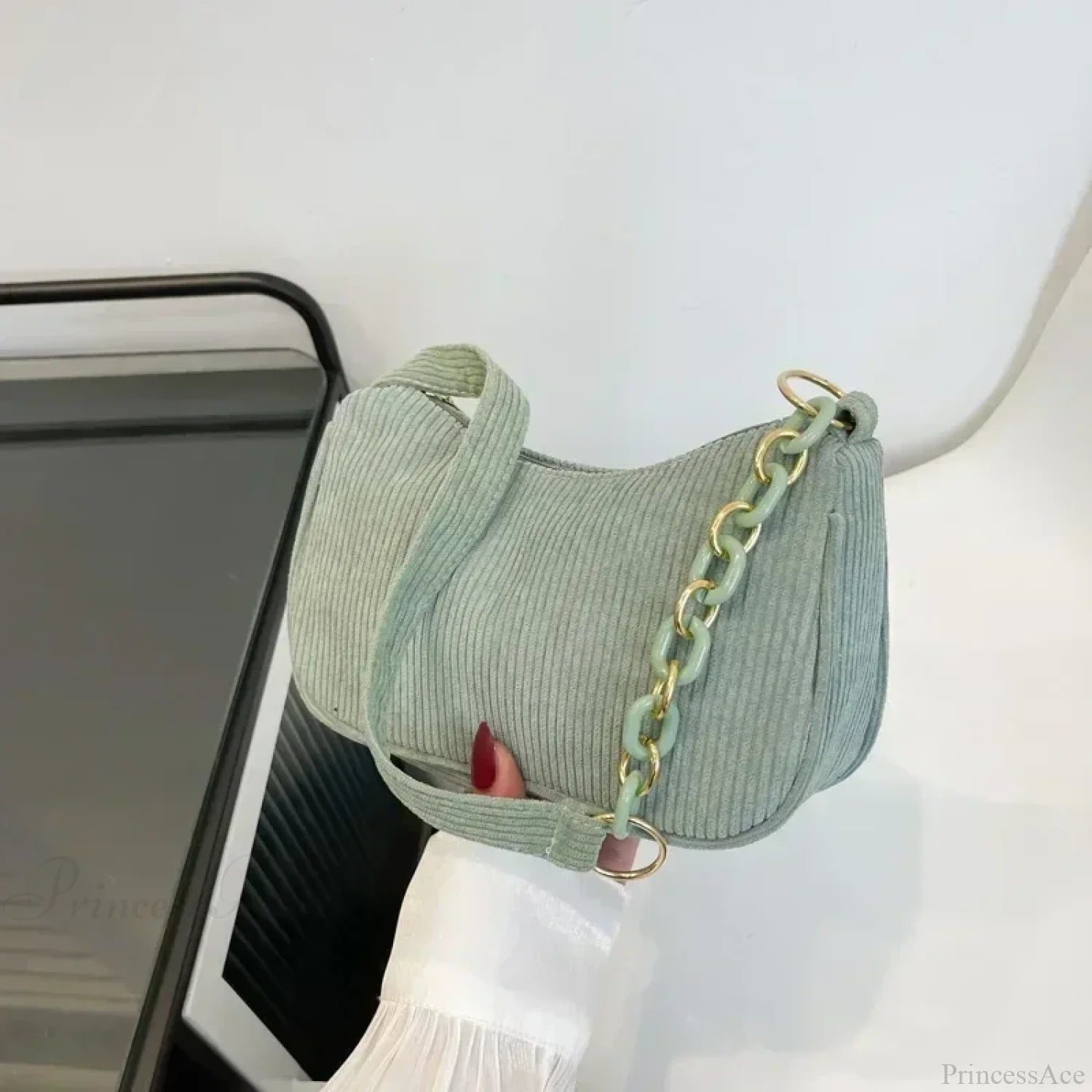 Fashion Corduroy Zipper Underarm Shoulder Bag Green shoulder-250126