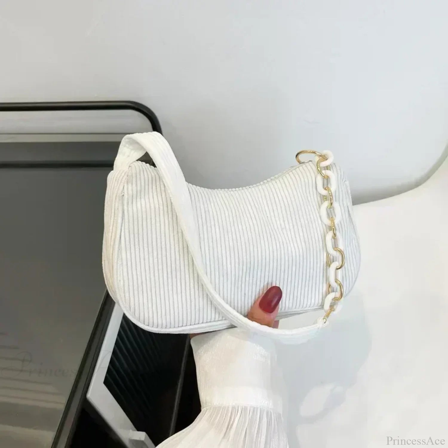 Fashion Corduroy Zipper Underarm Shoulder Bag White shoulder-250126