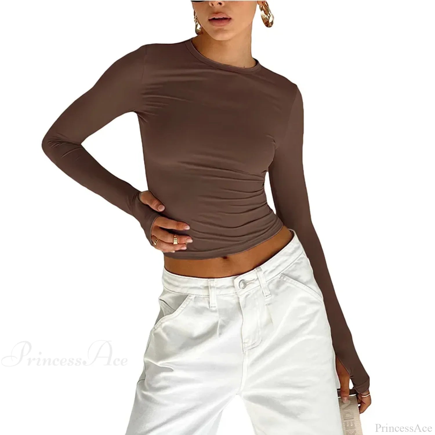 Fashion Crew Neck Slim Fit Long Sleeve Knit Top with Thumb Holes Brown / S knittop-250126