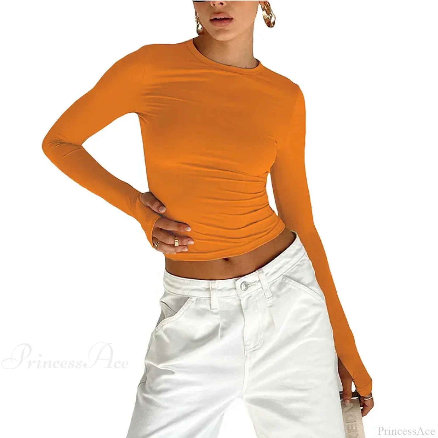 Fashion Crew Neck Slim Fit Long Sleeve Knit Top with Thumb Holes Orange / S knittop-250126