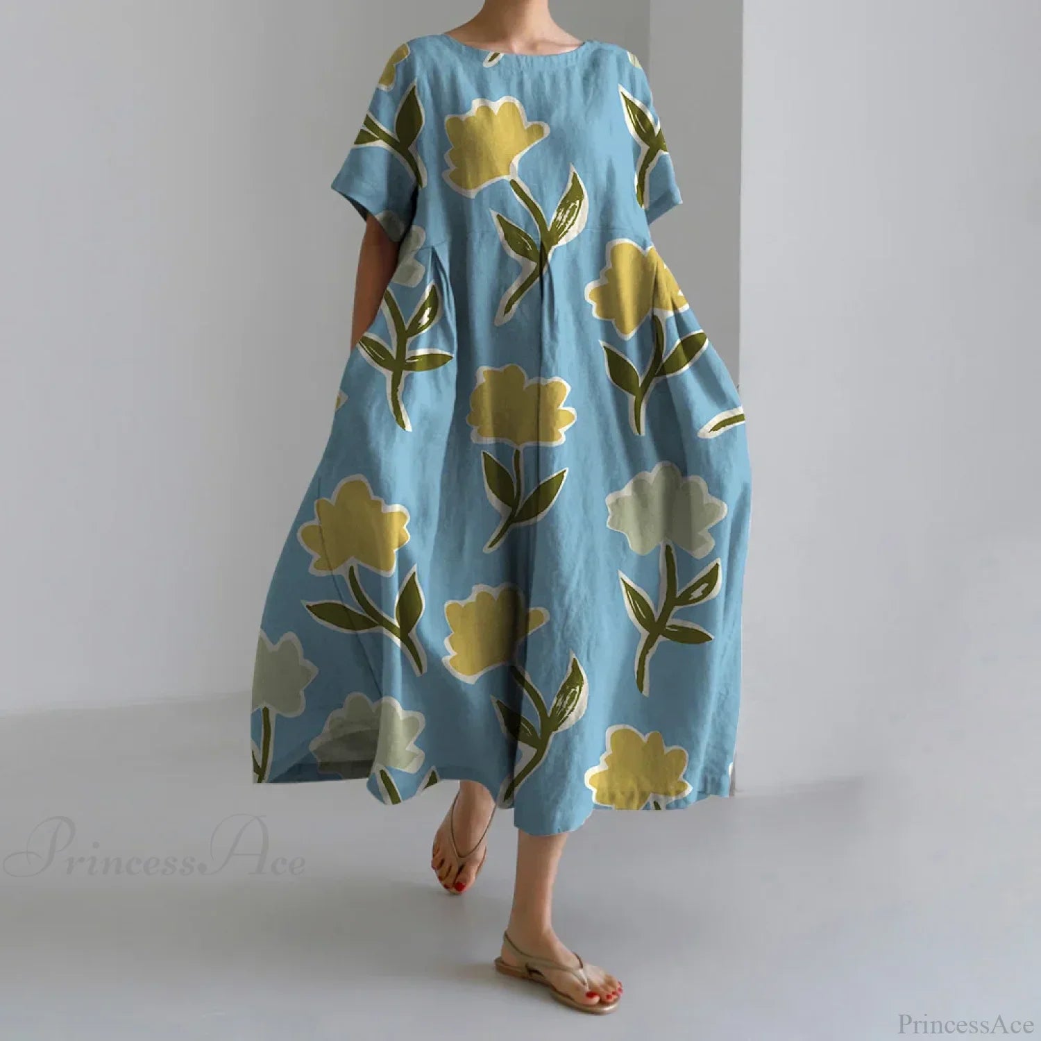 Fashion Floral Printed Short Sleeve Dinner Floral Dress green1 / S oldfloraldress-250126