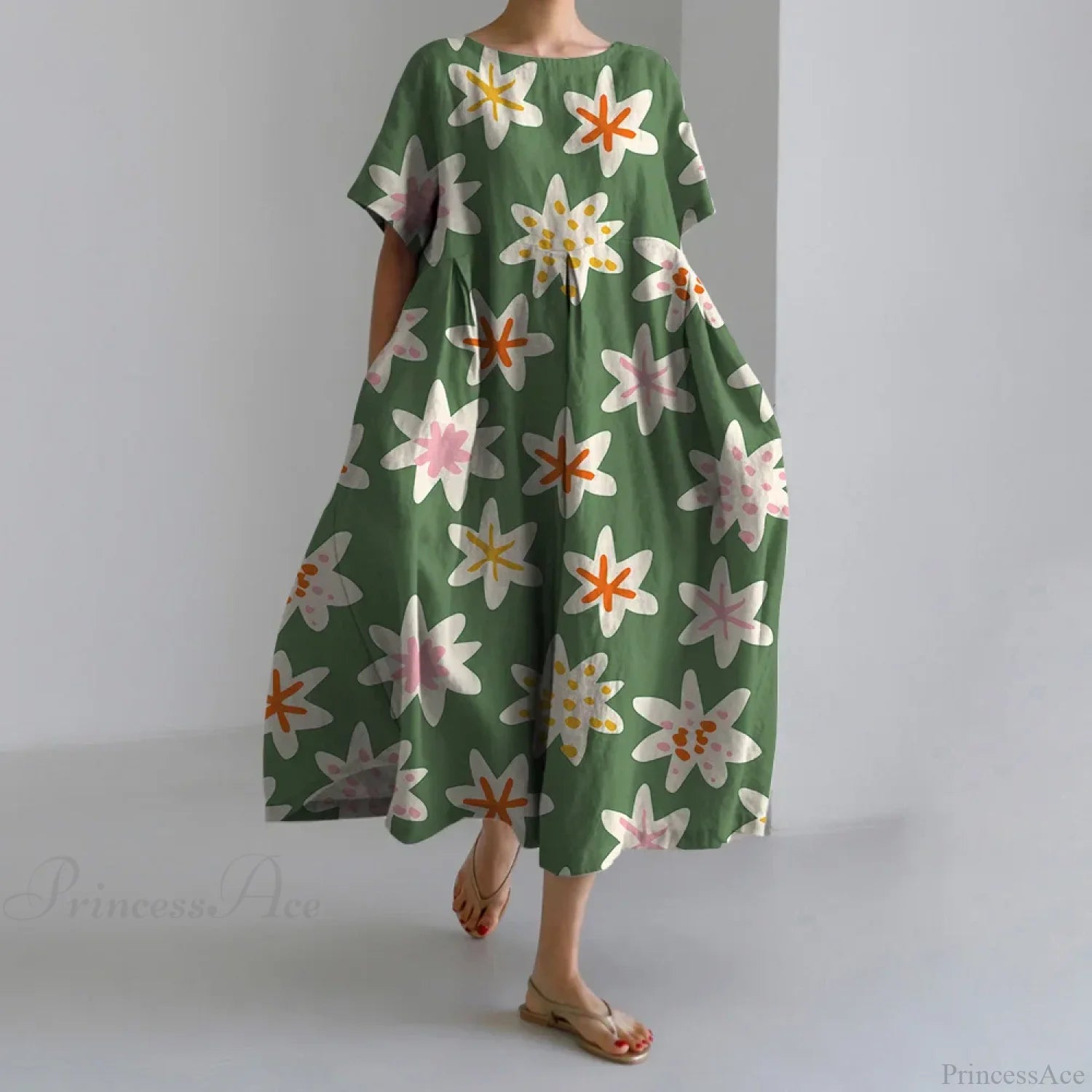 Fashion Floral Printed Short Sleeve Dinner Floral Dress green3 / S oldfloraldress-250126