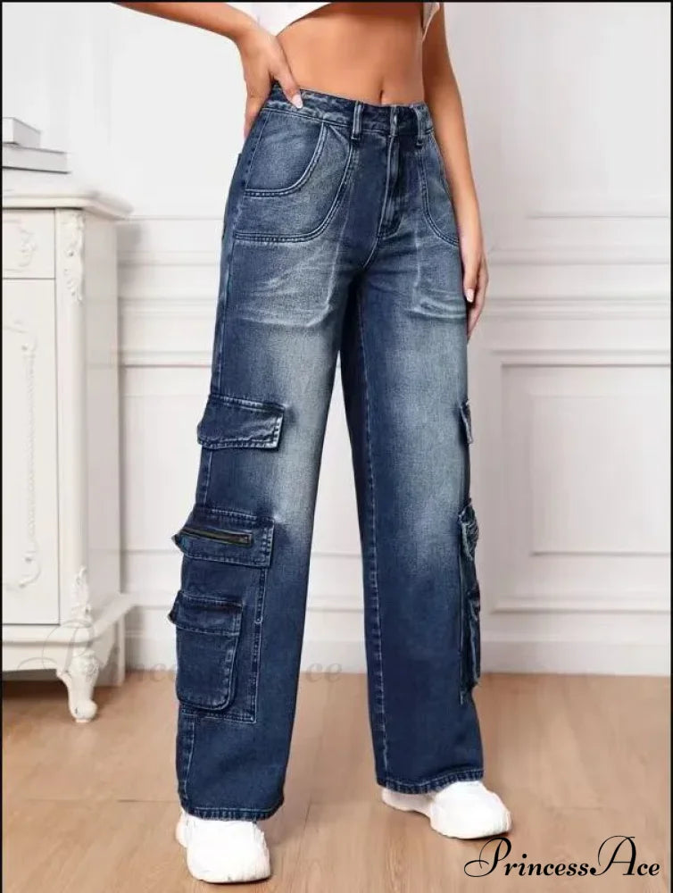 Fashion Multi Pocket Women’s High Waist Y2K Loose Cargo Denim Wide Leg Casual Clothing 2024 Fall
