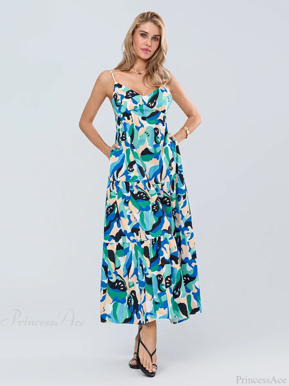 Fashion Print Spaghetti Strap Backless Sweetheart Flowy Cami Floral Dress floraldress-250126
