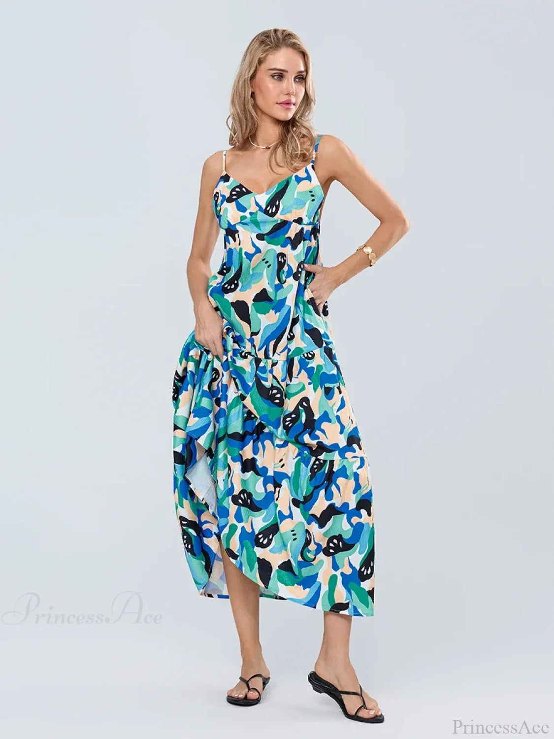Fashion Print Spaghetti Strap Backless Sweetheart Flowy Cami Floral Dress floraldress-250126