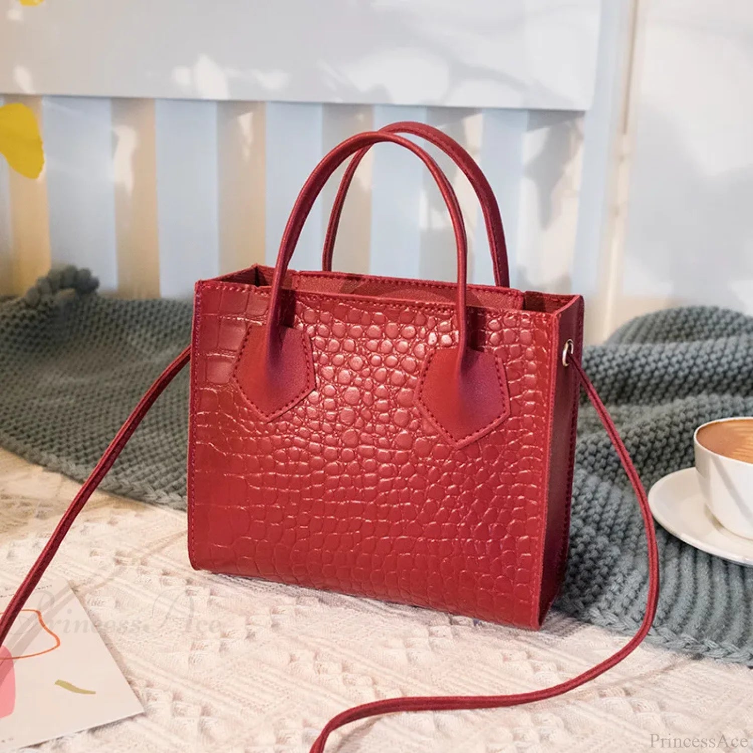 Fashion PU Leather Square Crossbody Handbag Red handbag-250126