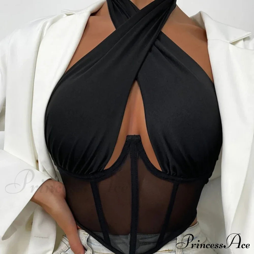 Fashion Sexy Hollow Tie-Up Halter Backless See-Through Mesh Stylish Elegant Trendy Crop Top