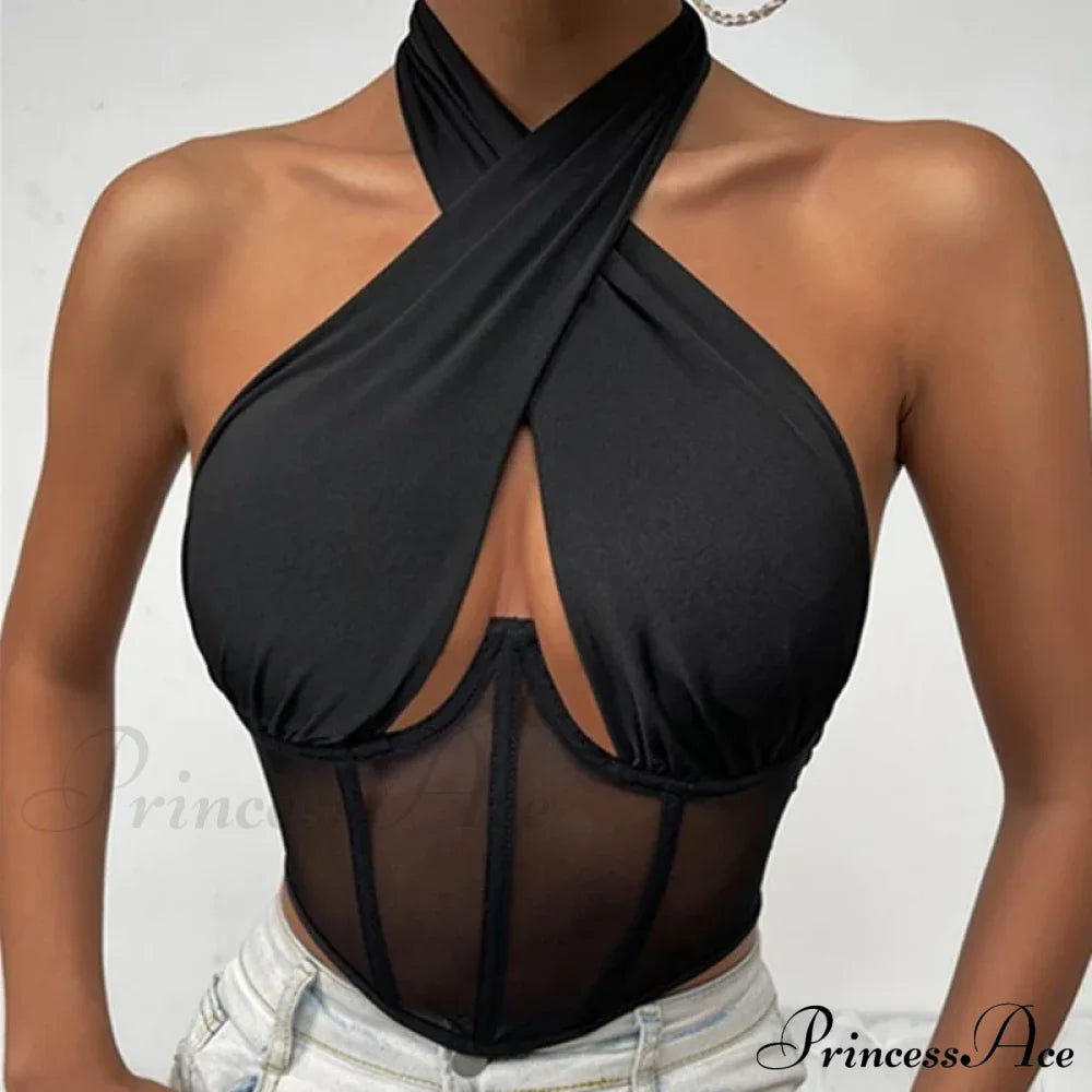 Fashion Sexy Hollow Tie-Up Halter Backless See-Through Mesh Stylish Elegant Trendy Crop Top Black /