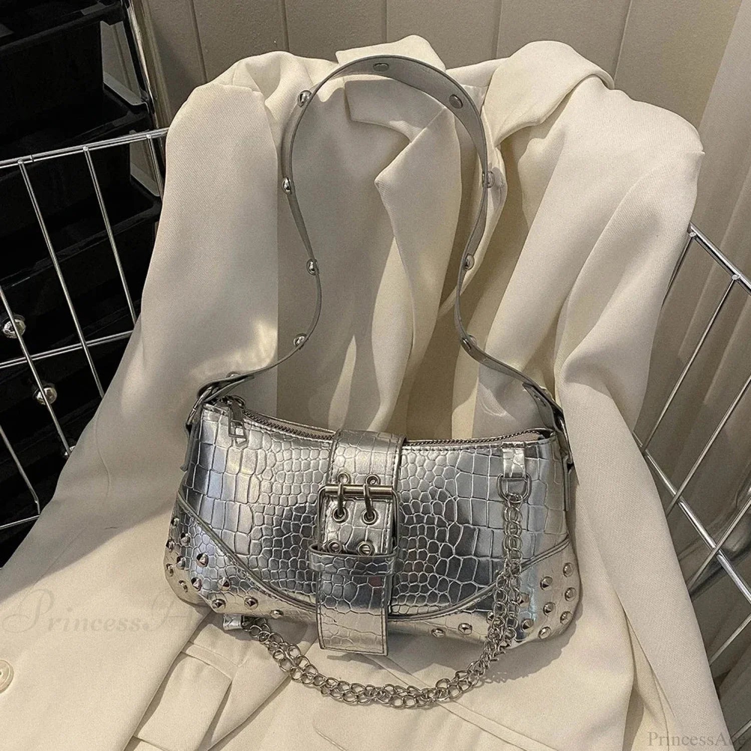 Fashion Y2K Pleated Underarm Shoulder Bag Silver / 25x13.5x0.5cm shoulder-250126