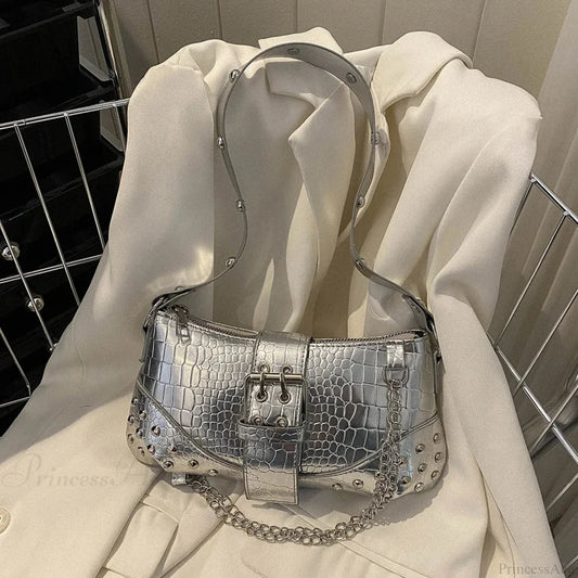 Fashion Y2K Pleated Underarm Shoulder Bag Silver / 25x13.5x0.5cm shoulder-250126
