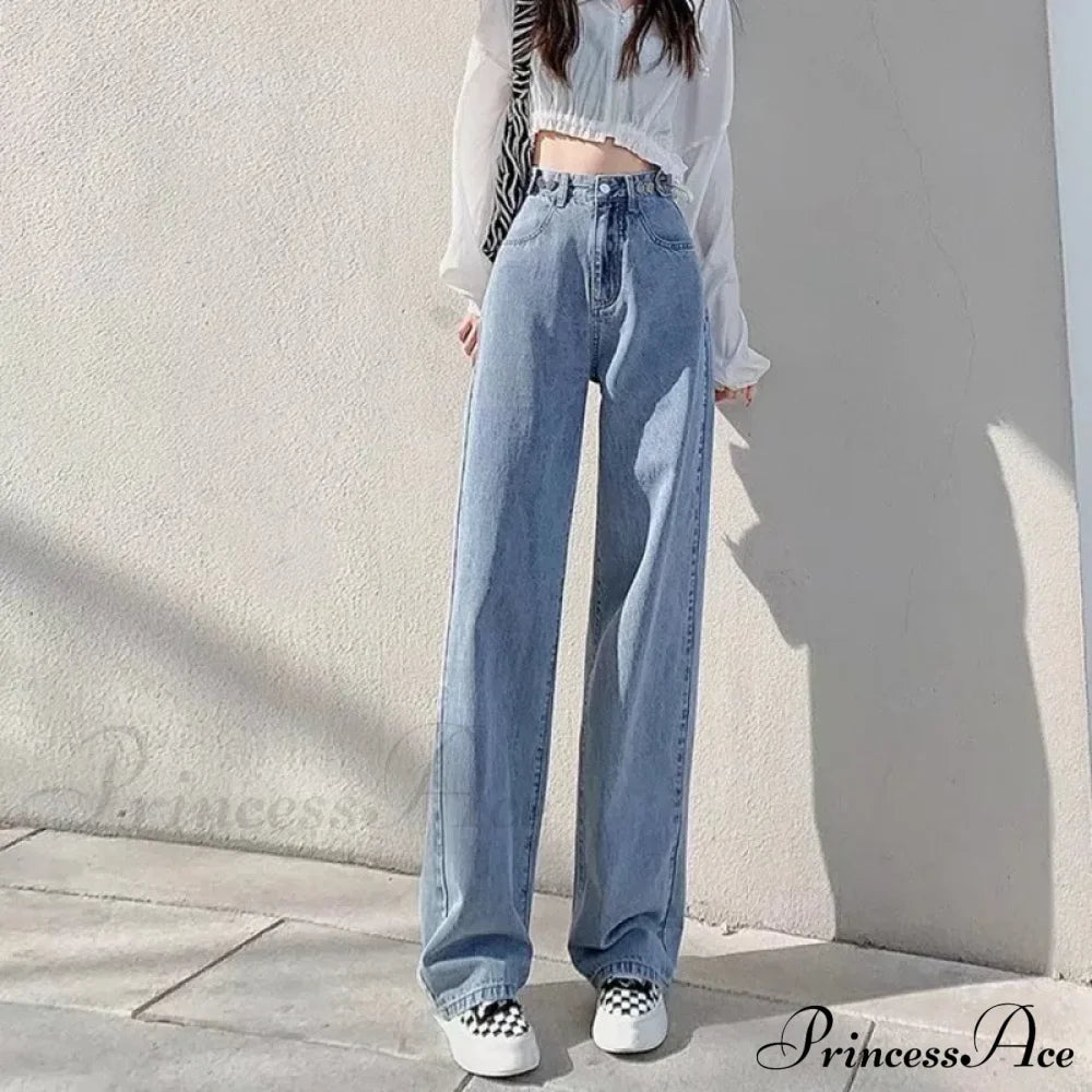 Fashionable Blue Vintage Quality High-Waisted Denim Straight Casual Floor Length Jean