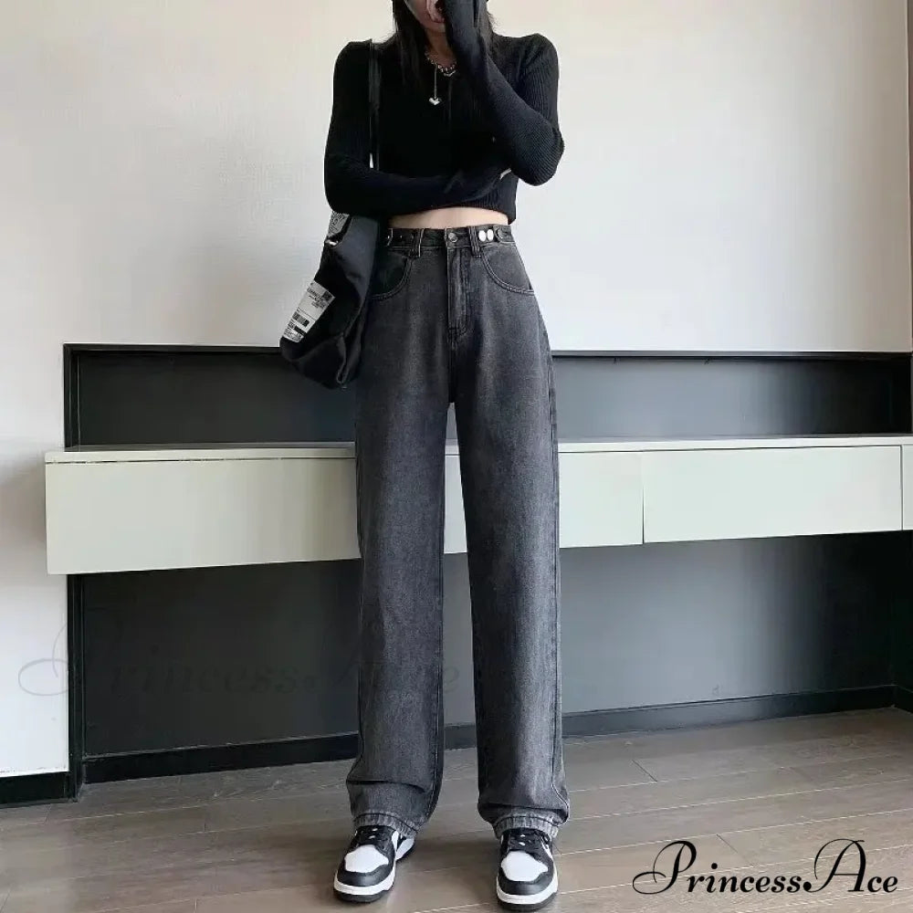 Fashionable Blue Vintage Quality High-Waisted Denim Straight Casual Floor Length Jean Dark Grey / Xs