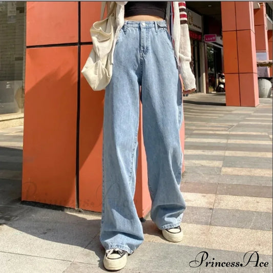 Fashionable Blue Vintage Quality High-Waisted Denim Straight Casual Floor Length Jean Sky / Xs