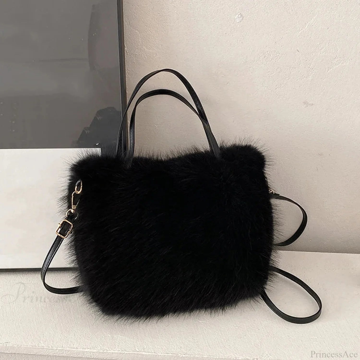 Faux Fur Plush Bucket Tote Winter Crossbody Shoulder Handbag Black handbag-250126