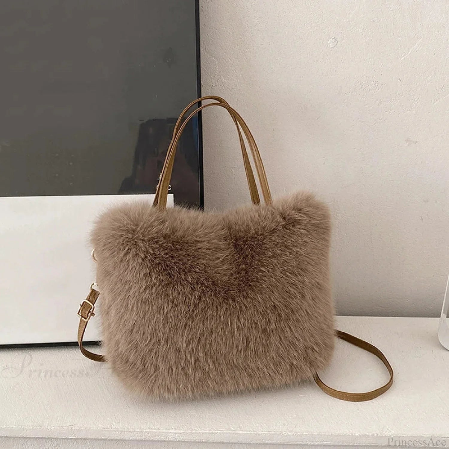 Faux Fur Plush Bucket Tote Winter Crossbody Shoulder Handbag coffee handbag-250126