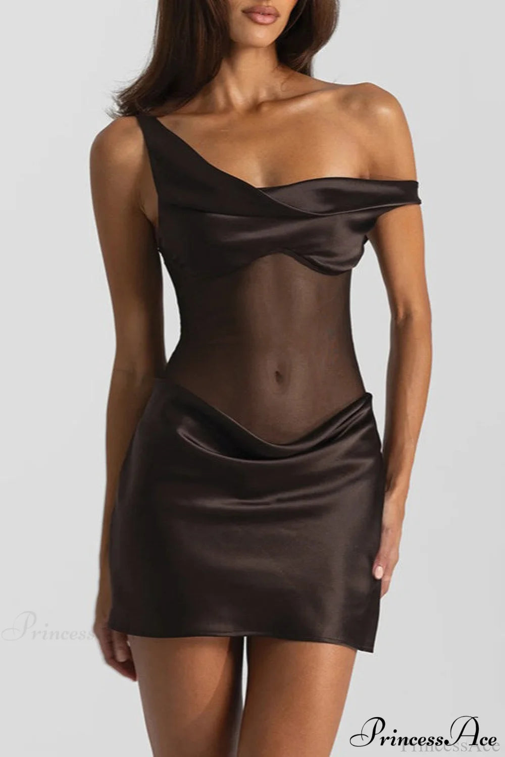 Faux Silk One-Shoulder Tulle Paneled Party Dress