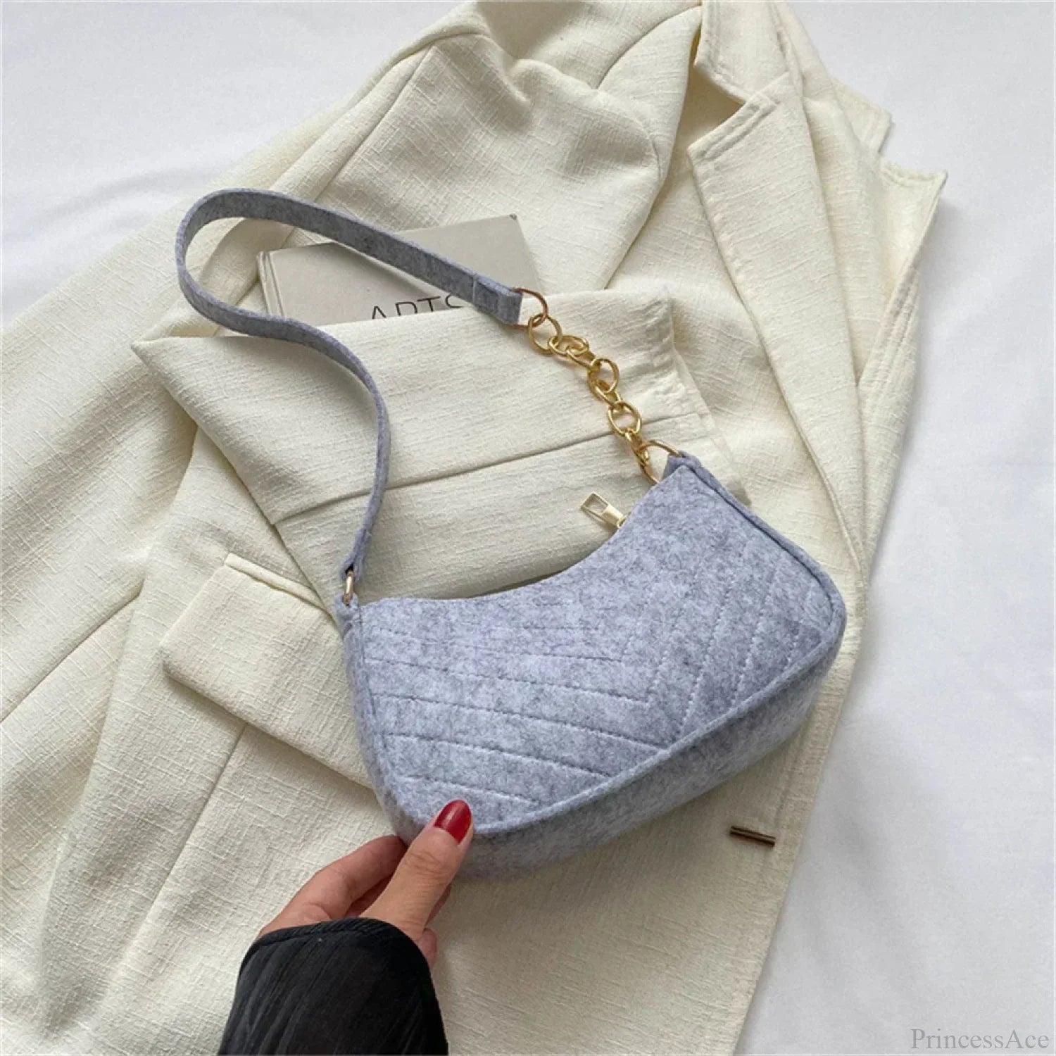Felt Solid Color Retro Underarm Shoulder Bag Grey shoulder-250126