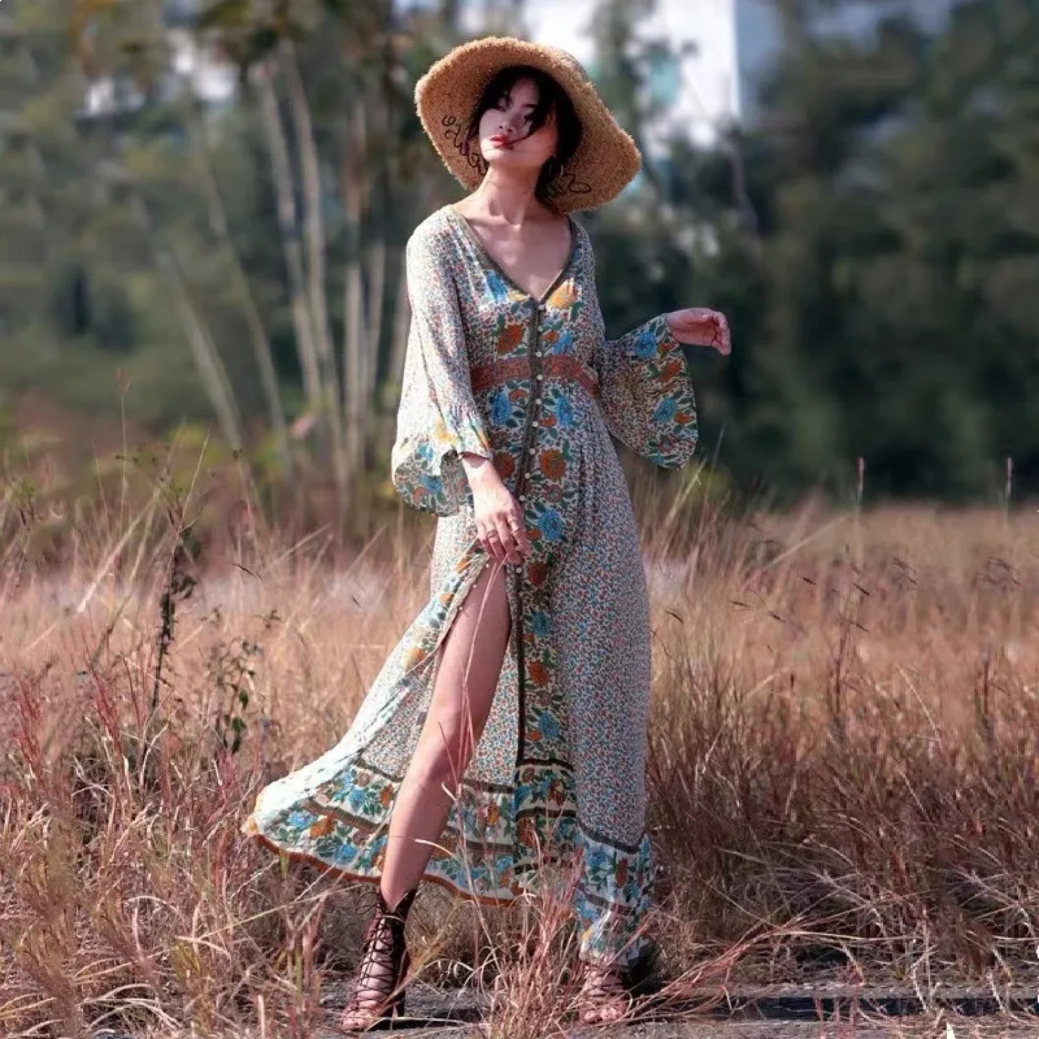 Flare Sleeve Button Down Printing Chic Boho Dress bohodress-250126