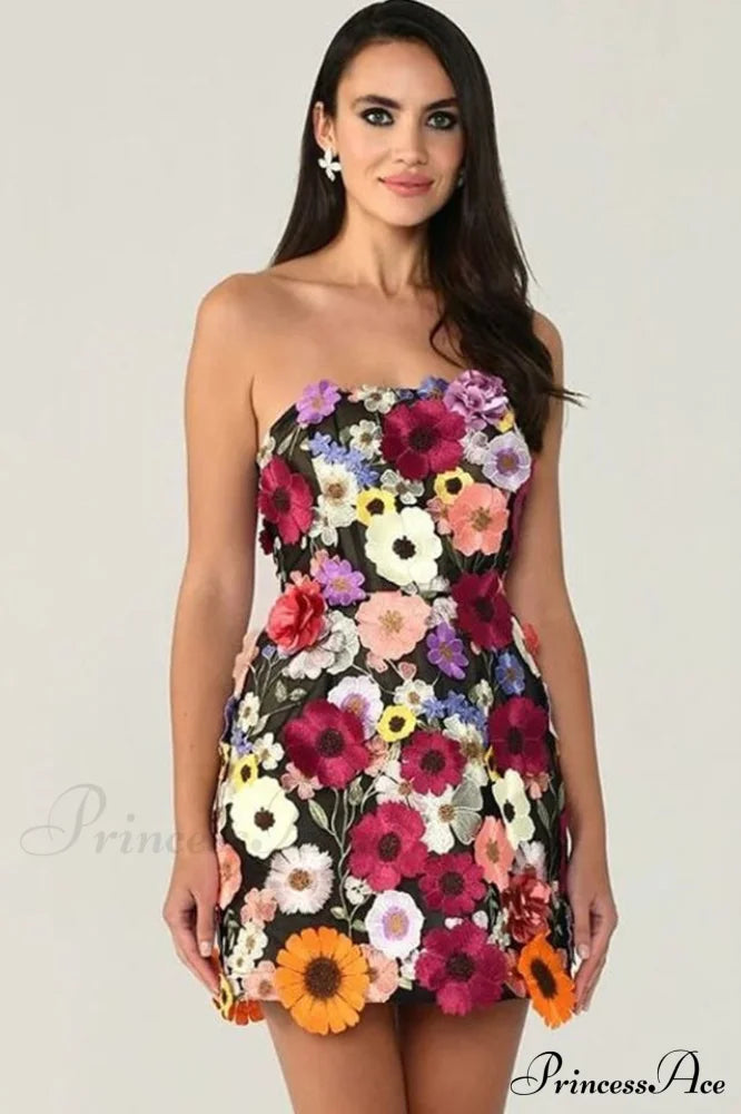Floral 3D Embroidery Charming Tube Mini Dress