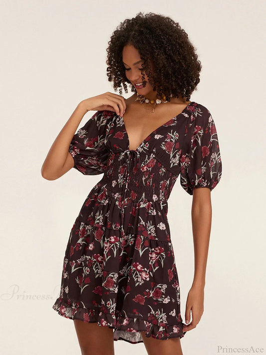 Floral A-Line Mini Puff Short Sleeve Tie-Up Front Flared Vacation Party Dress floraldress-250126