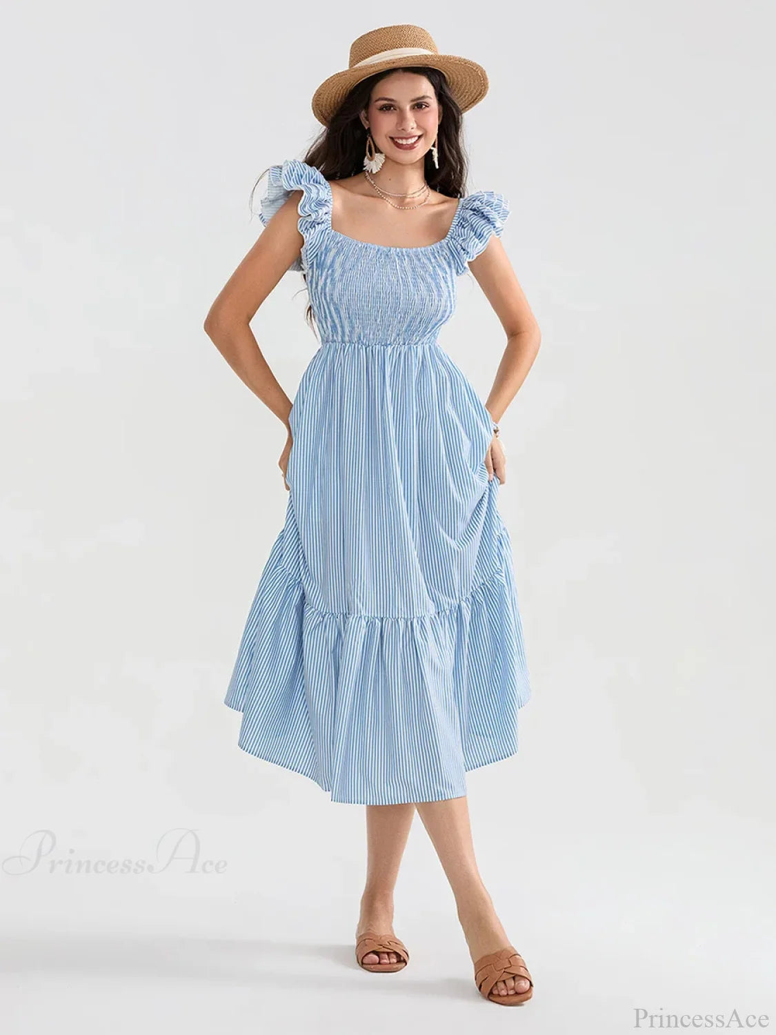 Floral Dot Print Shirred Square Neck Ruffled Flowing Beach Floral Dress floraldress-250126