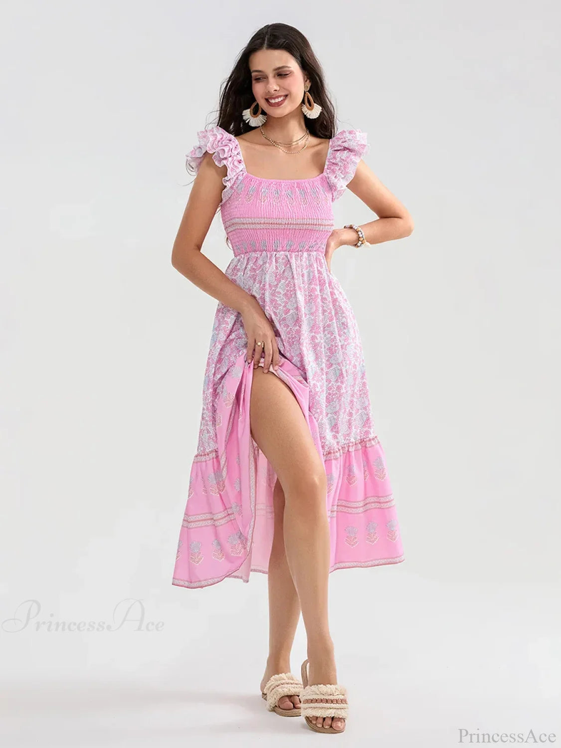 Floral Dot Print Shirred Square Neck Ruffled Flowing Beach Floral Dress Pink / S floraldress-250126