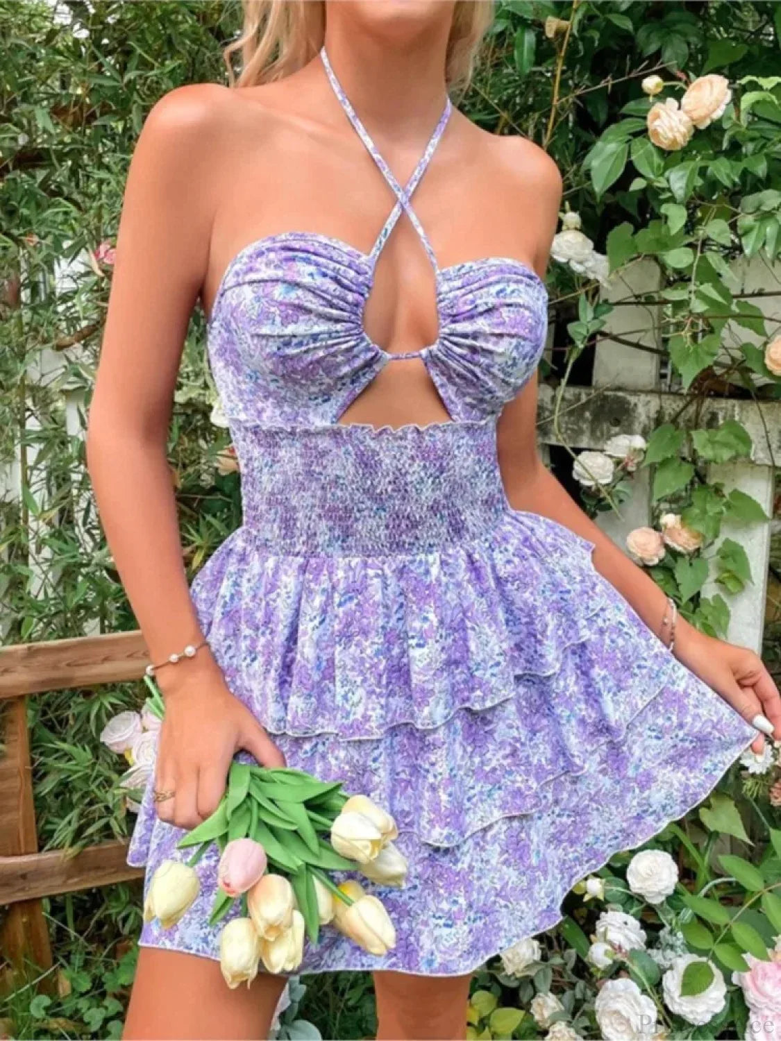 Floral Halter Neck Lace-Up Mini Floral Dress floraldress-250126