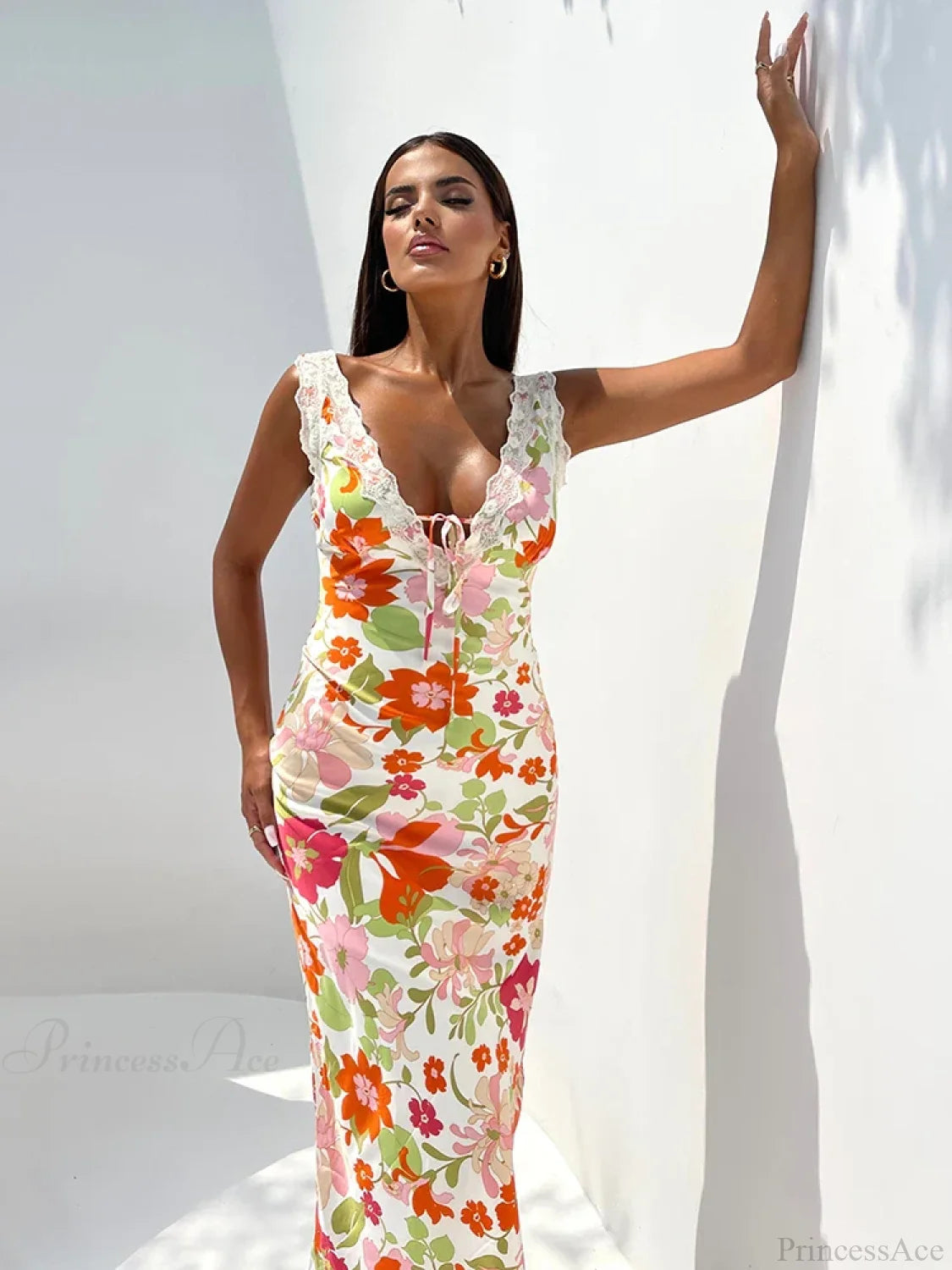 Floral Print Backless V-neck Bodycon Maxi Floral Dress floraldress-250126