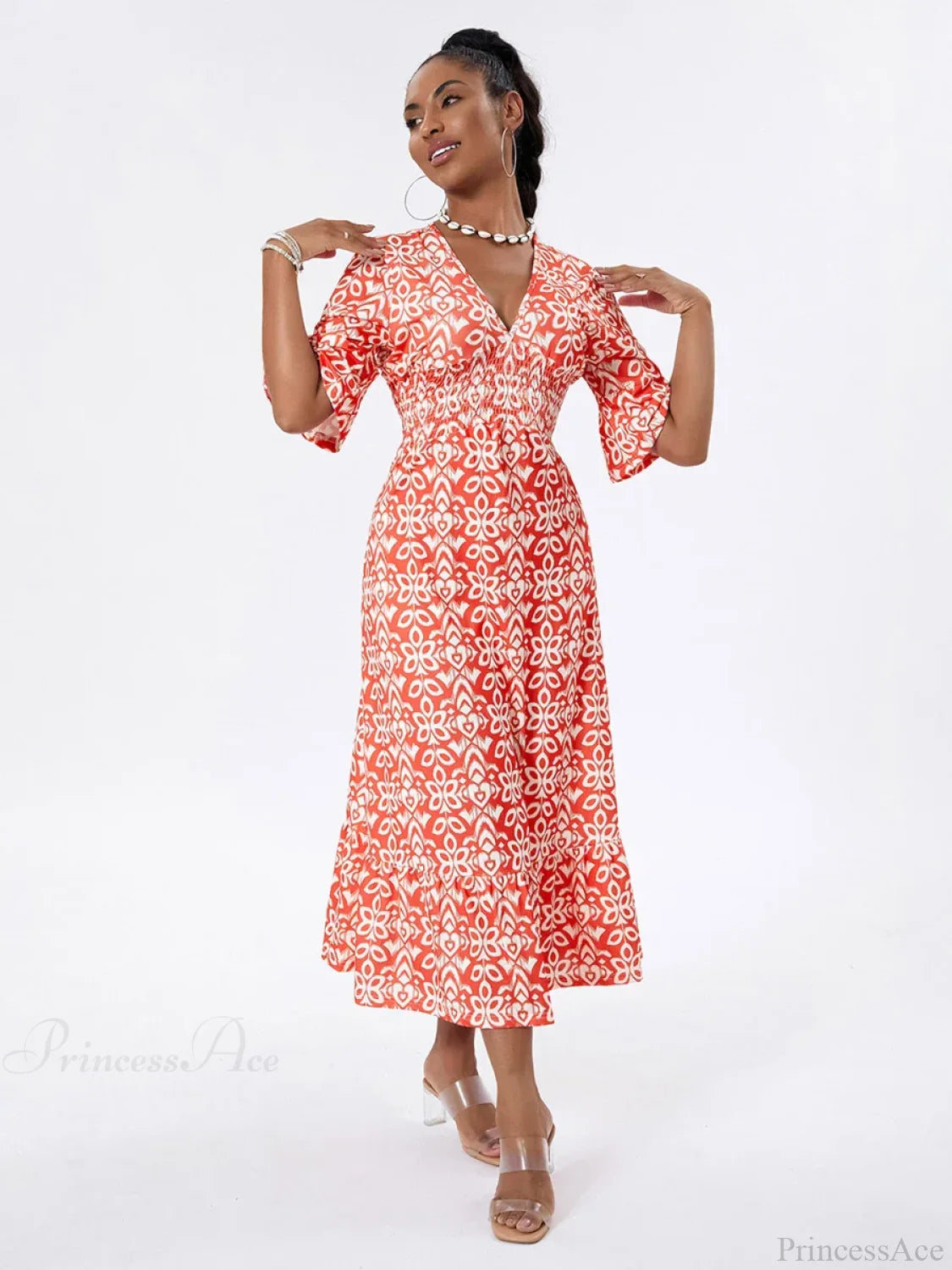 Floral Print Beach Midi Casual Flare Sleeve A-Line Ruffled Floral Dress floraldress-250126
