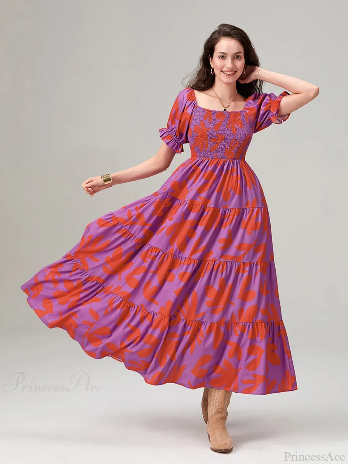 Floral Print Flowy Puff Sleeve Square Neck A-Line Vacation Floral Dress floraldress-250126