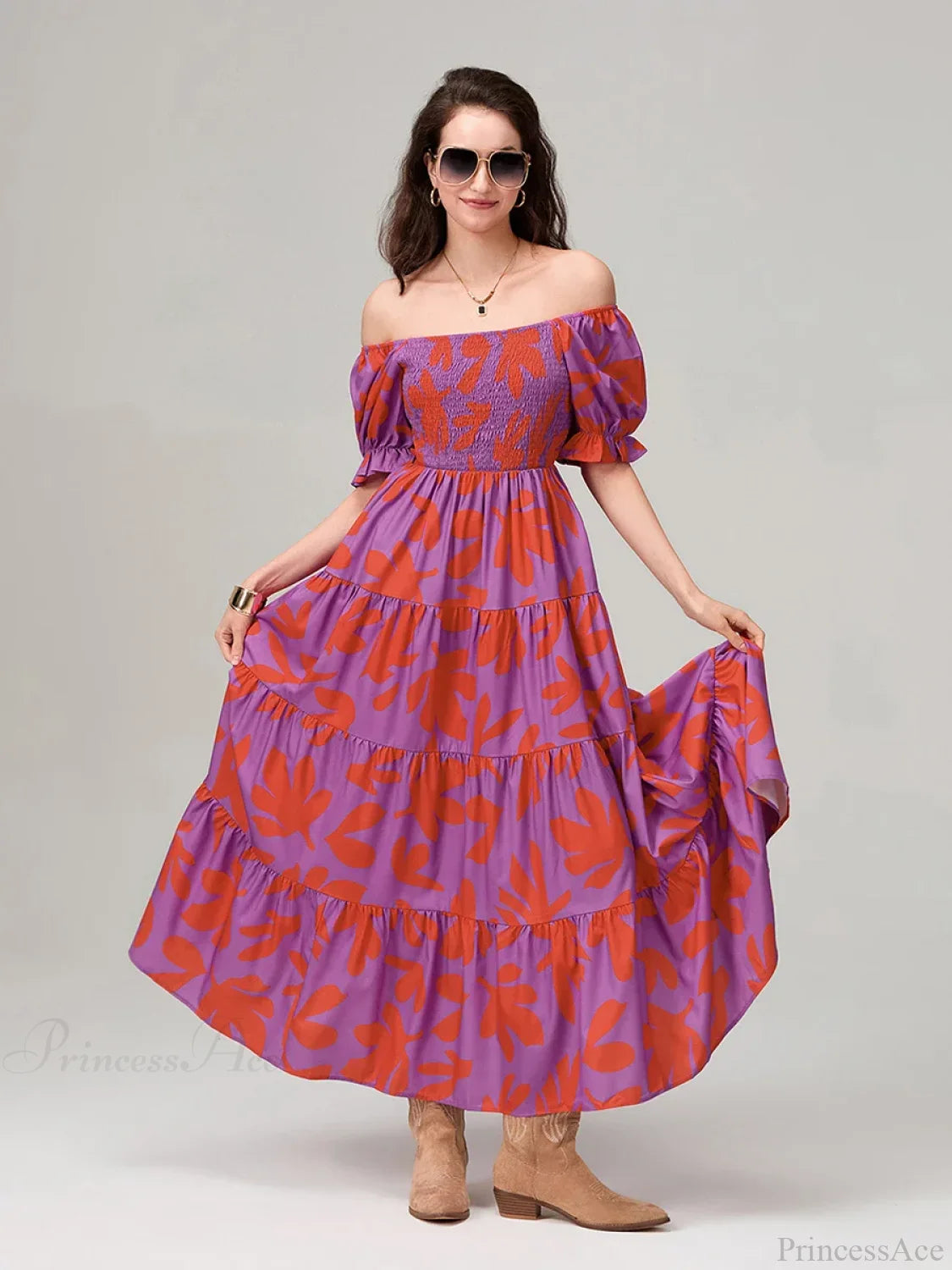 Floral Print Flowy Puff Sleeve Square Neck A-Line Vacation Floral Dress floraldress-250126