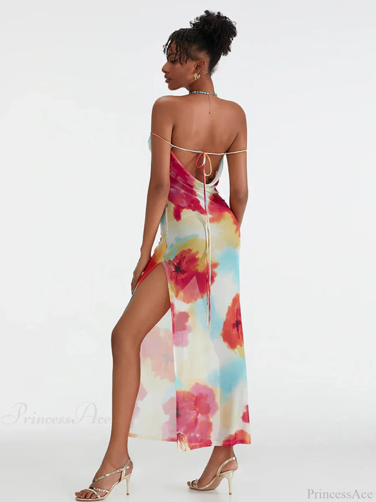 Floral Print High Split Backless Off-Shoulder Tie-up Long Floral Dress floraldress-250126