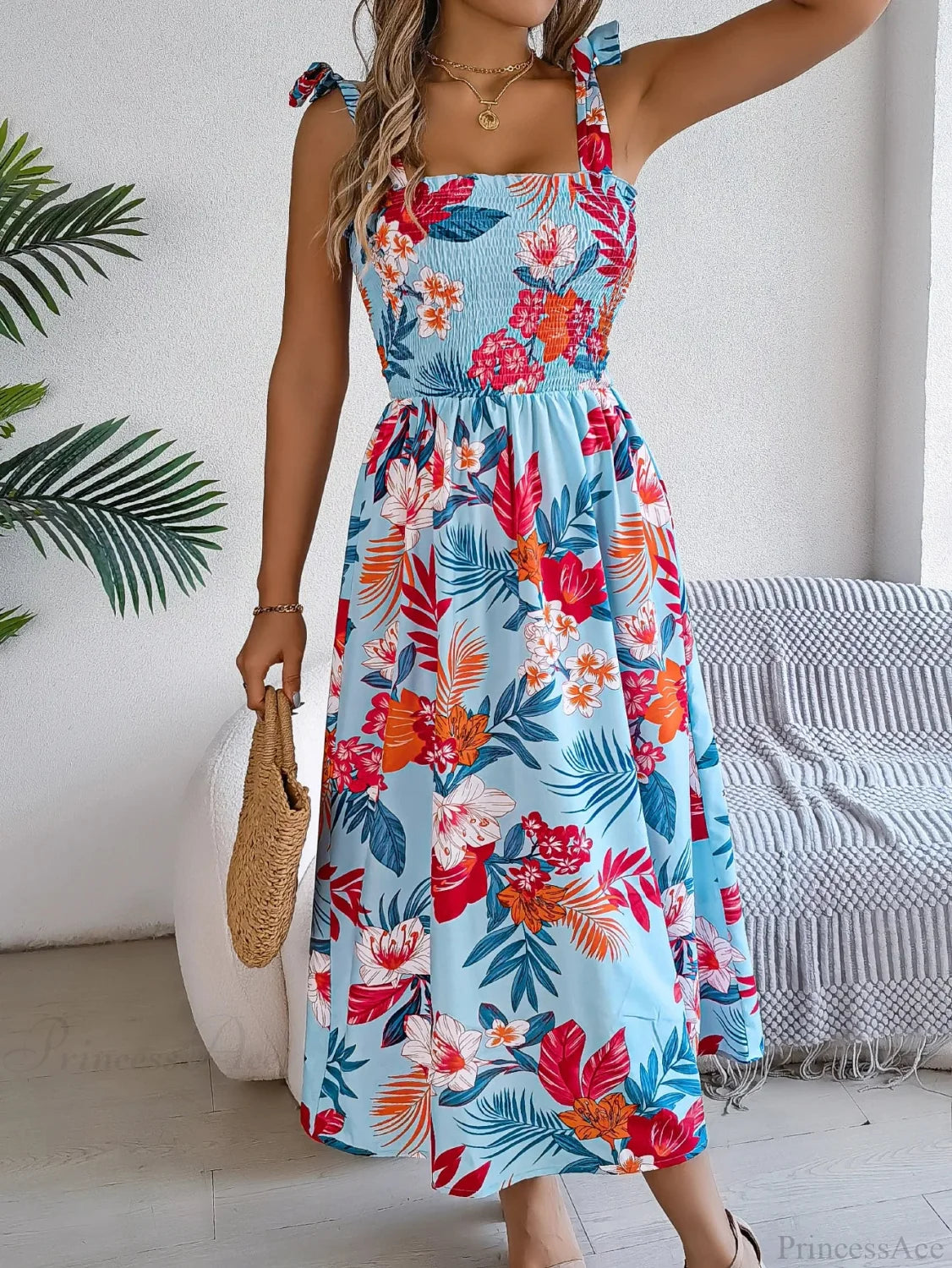 Floral Print Lace-up Sleeveless Vacation Floral Dress oldfloraldress-250126