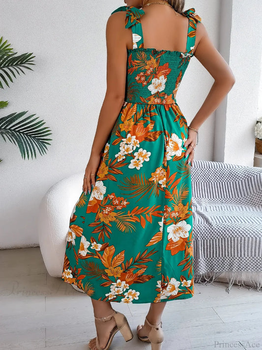 Floral Print Lace-up Sleeveless Vacation Floral Dress oldfloraldress-250126