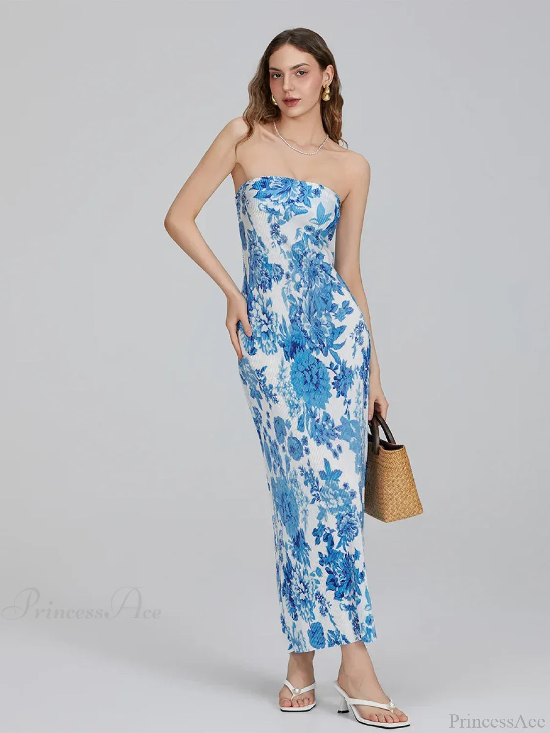 Floral Print Off-Shoulder Bandeau Pleated Tube Top Backless Party Dress floraldress-250126
