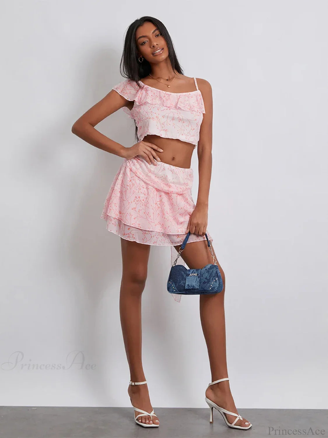 Floral Print Ruffle Sling Crop Cami Mini Skirt Floral Dress floraldress-250126