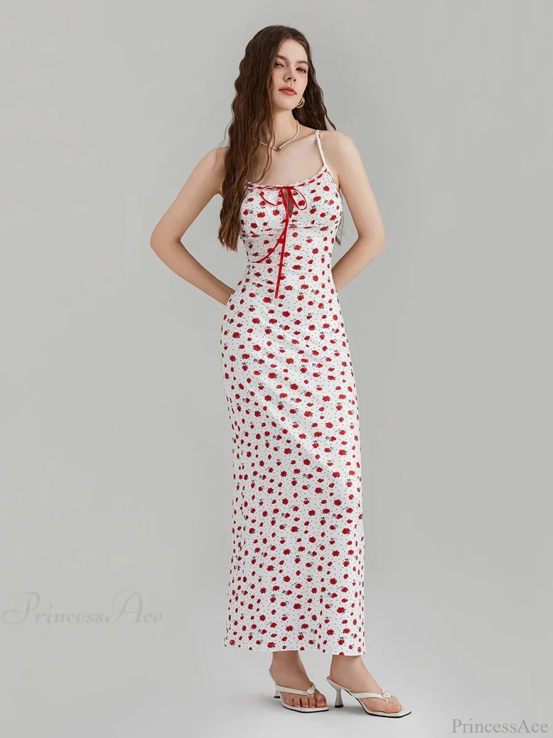 Floral Print Spaghetti Strap Ribbon Tie-Up Slip Vacation Floral Dress floraldress-250126