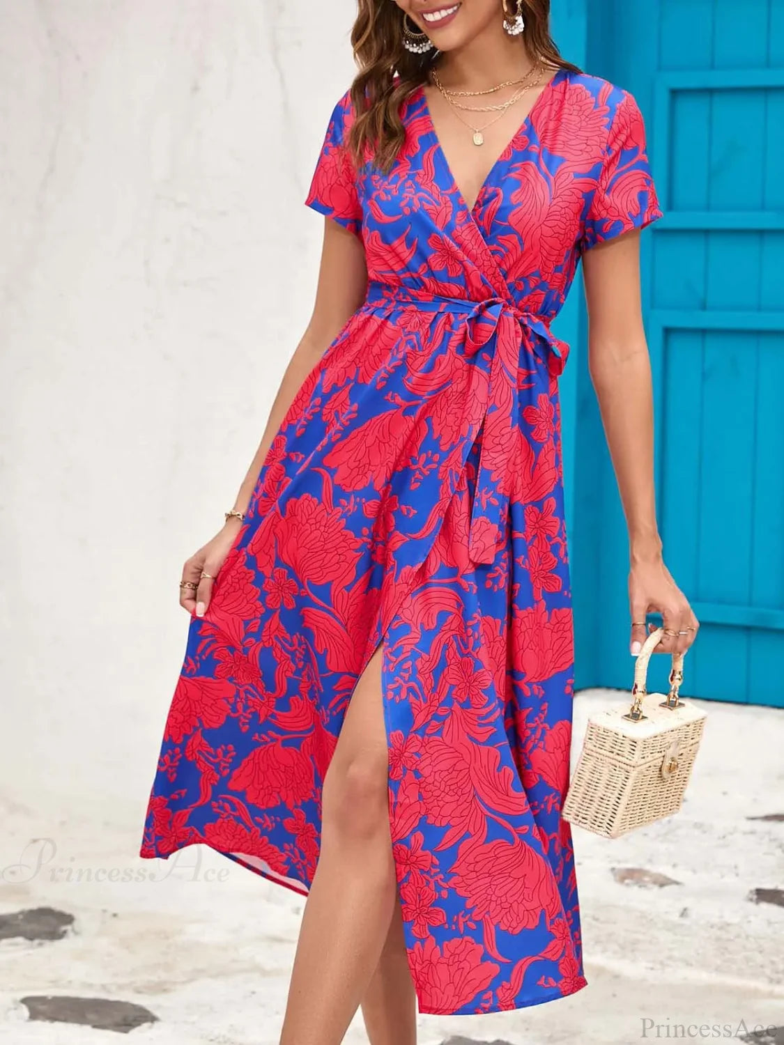 Floral Printed V-neck Summer Dress Red2 / S oldfloraldress-250126