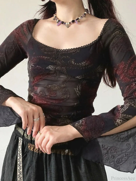 Floral Square Collar Knit Top