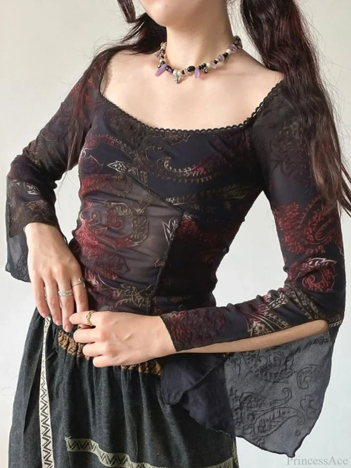 Floral Square Collar Knit Top Black / S