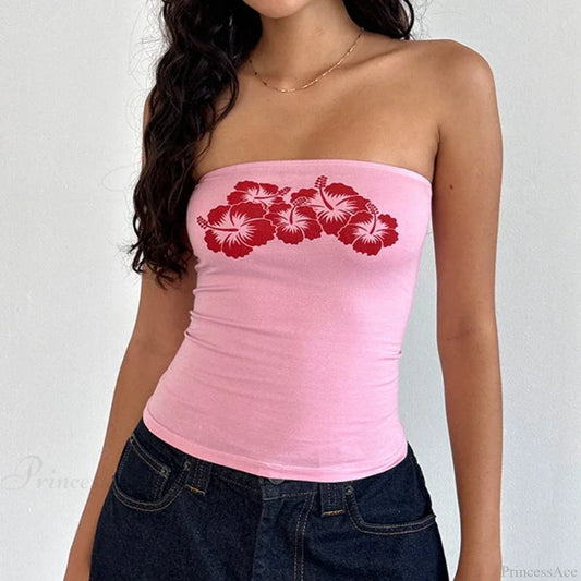 Floral Strapless Bandeau Backless Sleeveless Fairy Coquette Off Shoulder Crop Top Pink / S croptop-250126