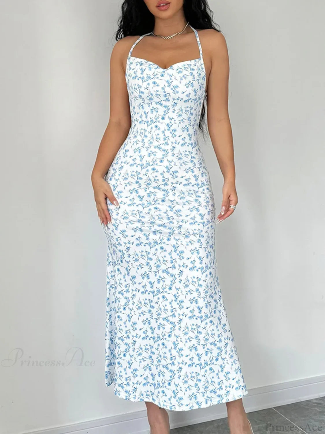 Floral Tied Backless Halter Split Floral Dress Light Blue / S floraldress-250126