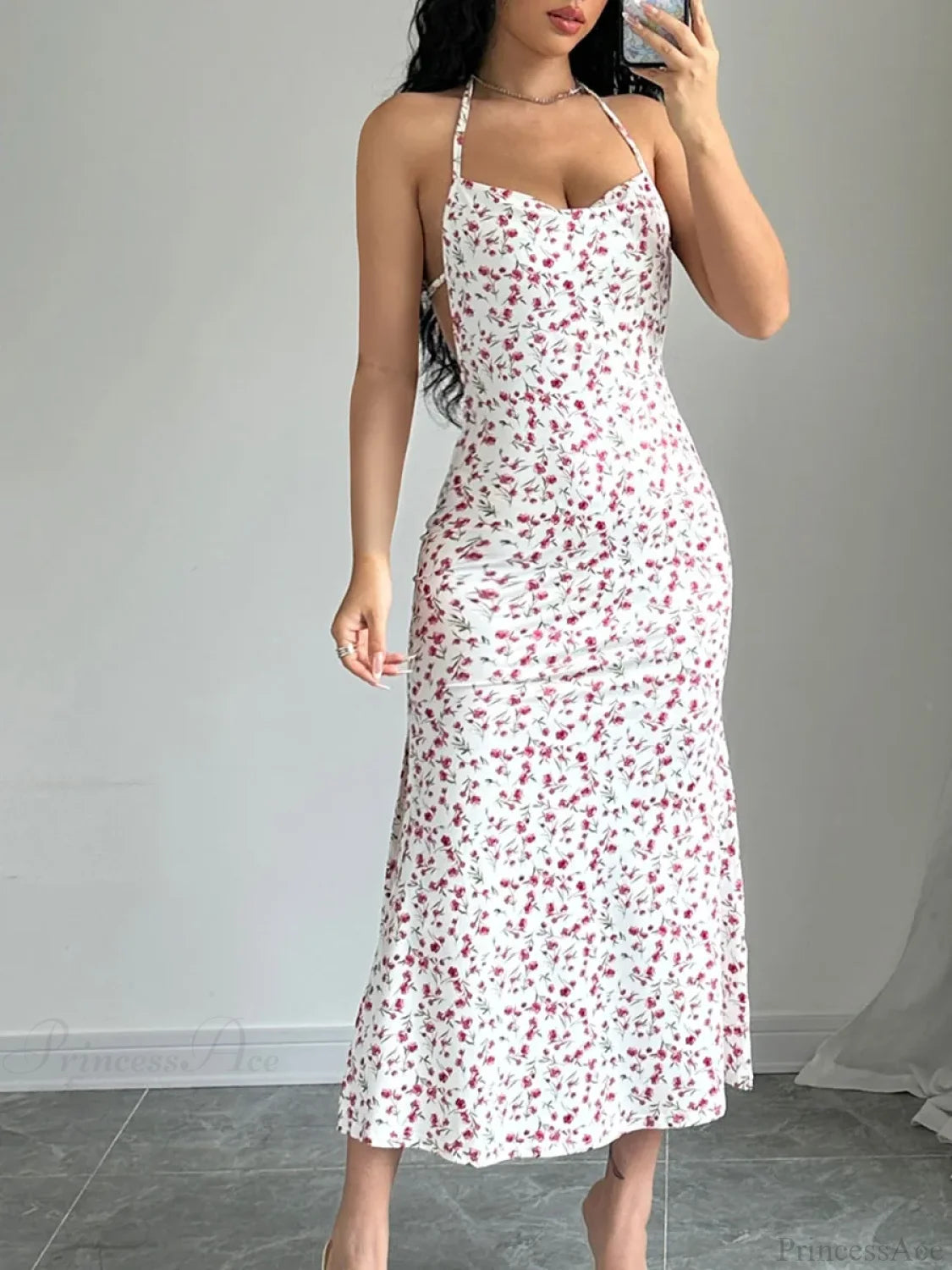 Floral Tied Backless Halter Split Floral Dress Red / S floraldress-250126